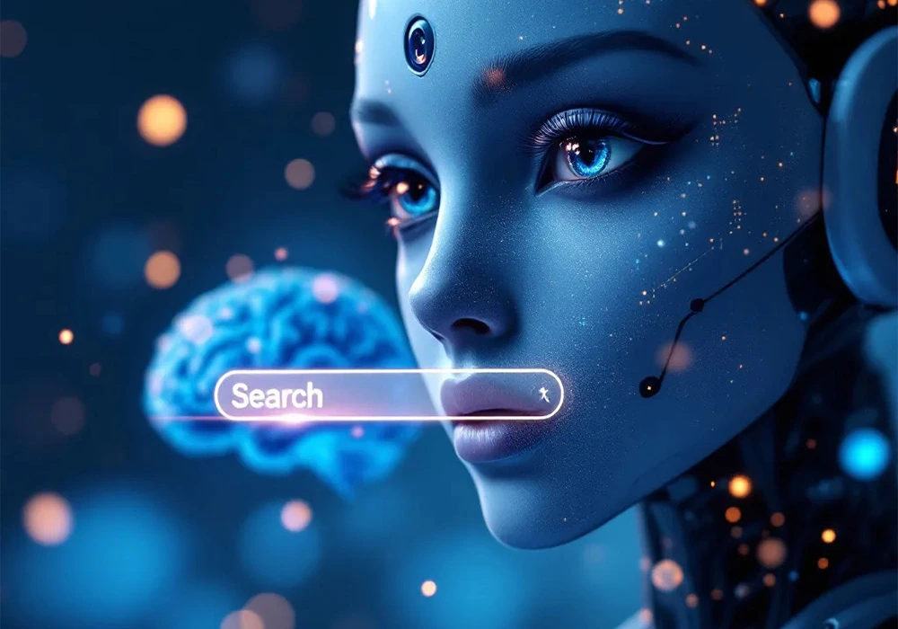 AI robot analyzujúci dáta a SEO trendy 2025 v minimalistickom štýle